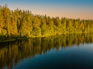 Trees are reflected in the forest lake. Wonderful sunset. Desktop wallpaper