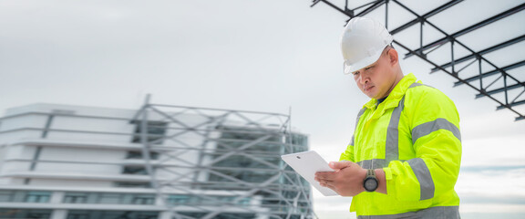 Banner concept : Civil engineer inspect construction site structure and plans in tablets. Civil...