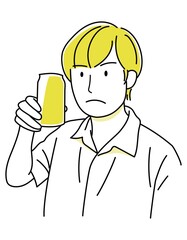 男の子05（手描き・上半身・缶入りの飲み物を見つめて何かを考える男性）