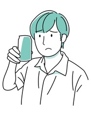 男の子05（手描き・上半身・缶入りの飲み物を持って困った顔をする男性）