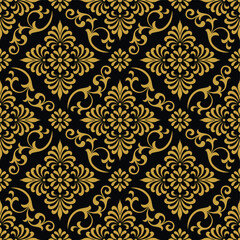 Abstract floral seamless pattern. Gold and black ornament. Vector background.