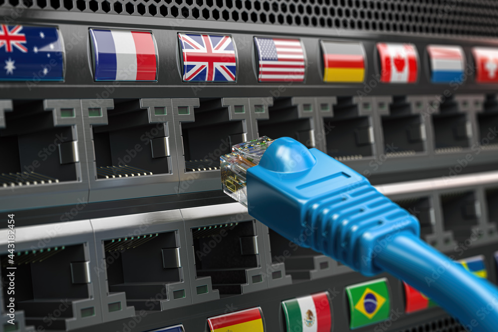 Poster VPN virtual private network conncetion concept. Lan cable and a router with different flags.