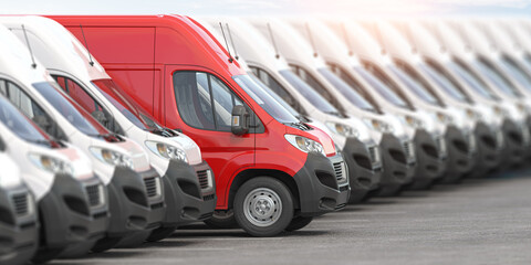 Red delivery van in a row of white vans. Best express delivery and shipemt service concept. - obrazy, fototapety, plakaty