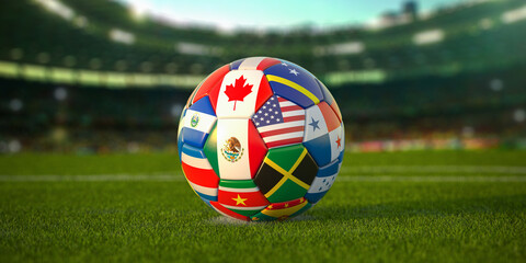 Soccer Football ball with flags of North America countries on the field of football stadium. North America concacaf championship 2021. © Maksym Yemelyanov