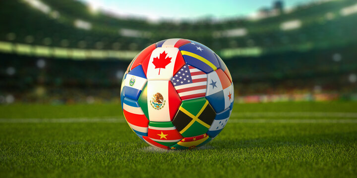 Soccer Football ball with flags of North America countries on the field of football stadium. North America concacaf championship 2021.