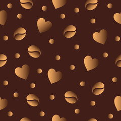 Laconic seamless vector pattern with scattered dusty gold coffee beans and hearts on a rich dark chocolate background