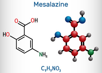 Mesalazine, mesalamine, 5-aminosalicylic acid molecule. It is non-steroidal anti-inflammatory drug, used for treatment of ulcerative colitis,Crohn's disease. Structural formula, molecule model