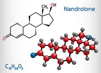 Nandrolone, 19-Nortestosterone, nortestosterone molecule. It is androgen, synthetic, anabolic steroid AAS, analog of testosterone. Structural chemical formula and molecule model