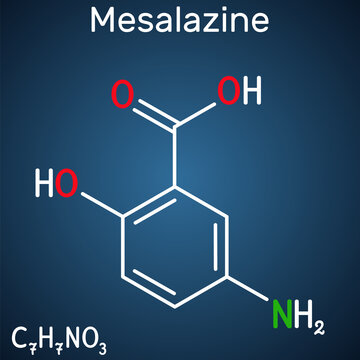 Mesalazine, mesalamine, 5-aminosalicylic acid molecule. It is non-steroidal anti-inflammatory drug, used for treatment of ulcerative colitis,Crohn's disease. Dark blue background