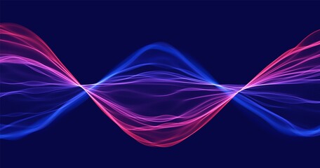 Blue and red abstract wave. Magic line design. Flow curve motion element. Neon gradient wavy illiustration.