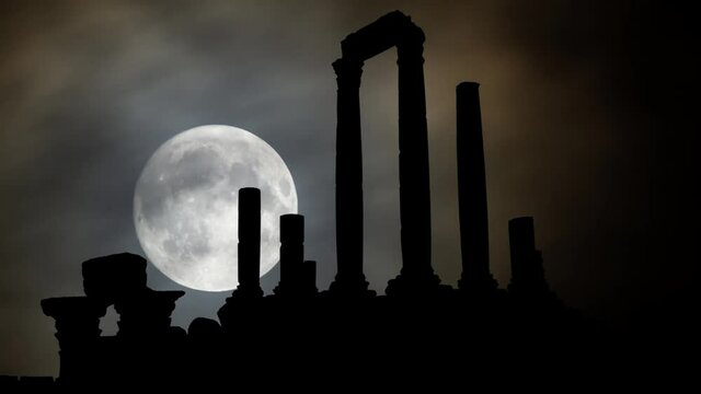 Temple Of Hercules In Amman, Time Lapse by Night with Full Moon, Jordan