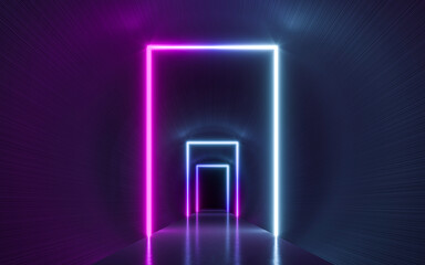 Futuristic Sci Fi Dark Empty Background With Blue And Purple Neon Lights. 3d rendering