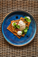 ice cream with waffle and mint