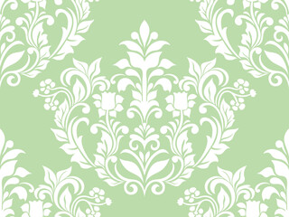 Damask seamless vector background. baroque style pattern. Green and white floral element. Graphic ornate pattern for wallpaper, fabric, packaging, wrapping. Damask flower ornament.