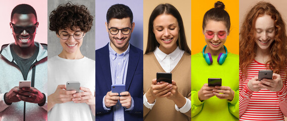 Many people with phone collection. Group of smiling men and women texting or browsing with...