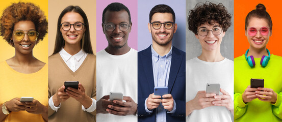 Group portrait of happy smiling multiethnic young men and women holding smart phones. People...