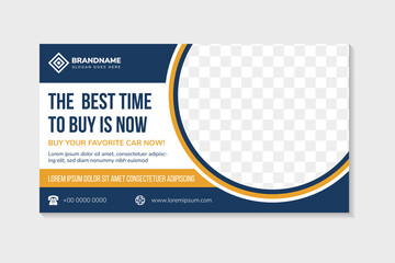 abstract flyer template design use a headline is the best time to buy car. Horizontal layout with space for photo collage on half circle shape. white background with blue orange colors on elements