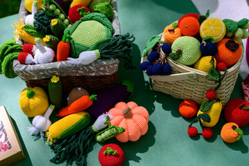 Close-up photo of crocheted toys vegetables