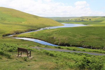 A panoramic view of the head of the Elan valley in Powys, Wales, UK.