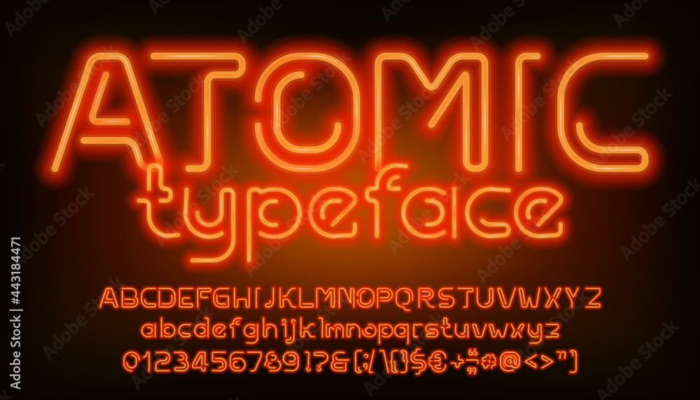 Fototapete atomic alphabet font. orange neon light letters, numbers and punctuation. uppercase and lowercase. s