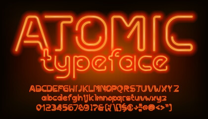 Atomic alphabet font. Orange neon light letters, numbers and punctuation. Uppercase and lowercase. Stock vector typescript for your design.
