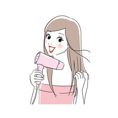 ドライヤーで髪を乾かす女性