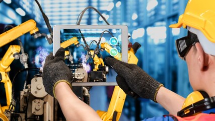 Smart industry robot arms modernization for innovative factory technology . Concept of automation...