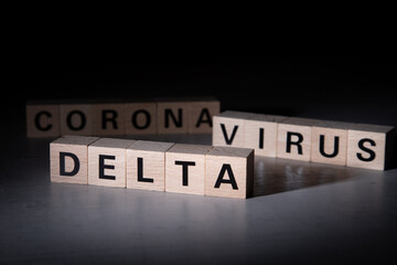 wooden blocks with the words delta, corona and virus. Symbol for variant delta
