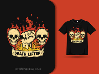 Death lifter illustration hand lifted barbell skull. t shirt design template. vector full editable eps cc
