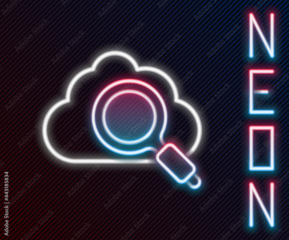 Poster glowing neon line search cloud computing icon isolated on black background. magnifying glass and clo