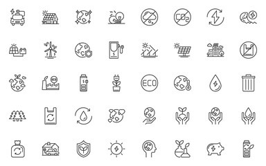 set of eco environment line icons, nature, save the world