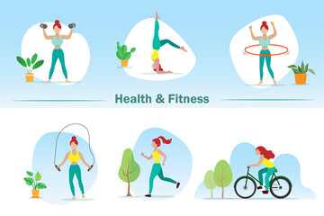 woman in activities set, dumbbell, yoga, hula hooping, jumping rope, jogging and biking. Leisure and recreation activities in isolated scenes.