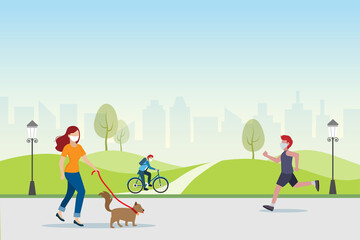 Fototapeta premium People jogging, biking, and taking dog for walk in public park, wearing face mask to protect from Covid-19 pandemic. People safety healthy lifetyle, new normal and social distancing during pandemic.