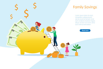 Family money savings concept. Mother, father and kid saving gold coin in piggy bank, budget planing for family.