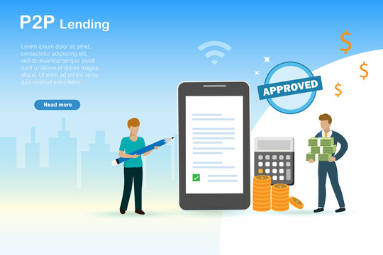 P2P, peer to peer lending, online money loan, financial technology concept. Man sign application and get approved lending money via smart phone. 