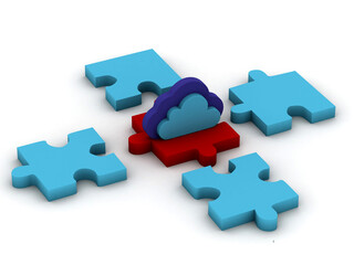 Cloud computing devices, 3d render puzzle and cloud