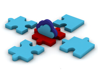 Cloud computing devices, 3d render puzzle and cloud