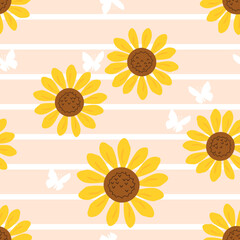 Seamless pattern with sunflowers and butterflies on orange white stripe background vector.