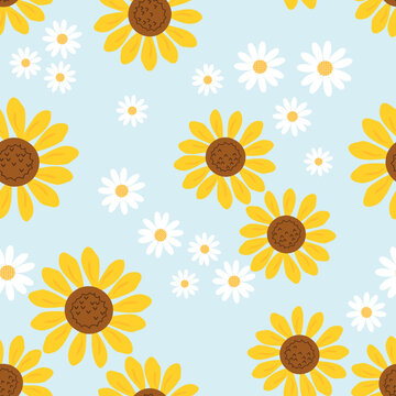 Seamless pattern with sunflower and daisy flower on blue background vector illustration. Cute floral print.