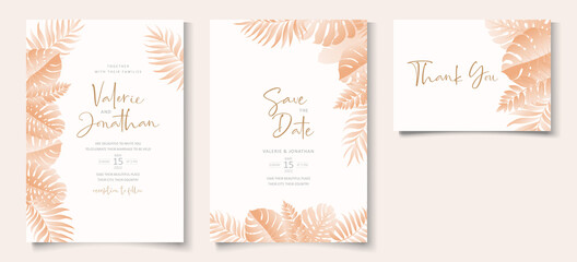 Fototapeta na wymiar Wedding invitation card template with tropical leaf design