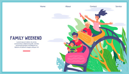 Amusement Park or Funfair website banner template with family riding roller coaster. Weekend family joint activity and recreation, flat vector illustration.