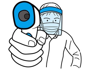 男性06_01（手描き・上半身・医療・非接触型の体温計で検温をする男性）