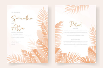 Wedding invitation card template with tropical leaf design