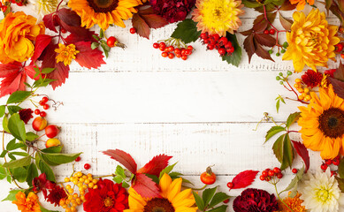 Autumn composition with flowers, leaves and berries on white wooden table. Flat lay, copy space. Concept of fall harvest or Thanksgiving day.