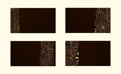 Backgrounds for business cards and plastic cards with a thin floral ornament. Contour ornament with tulips, daffodil and small leaves on the dark background.