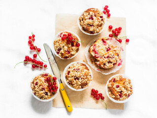 Red currant vanilla mini oatmeal cakes with sugar crumble on a light background, top view