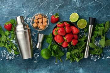 Food fresh ingredients for making lemonade, infused detox water or cocktail. Strawberries, lime,...
