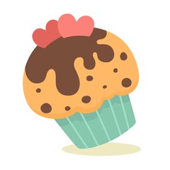 Muffin with chocolate chips and heart-shaped decor. Vector illustration.