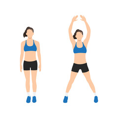 Woman doing Jumping jacks exercise. Flat vector illustration isolated on white background