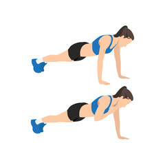 Woman doing Plank shoulder taps exercise. Flat vector illustration isolated on white background